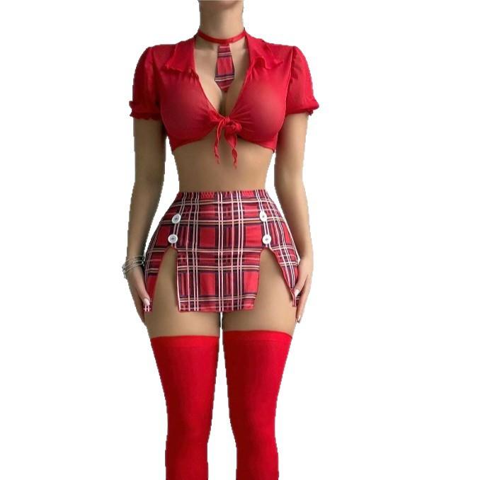 Sexy Lingerie Passion Temptation Uniform Top Plaid Short Skirt Thong Three-piece Set