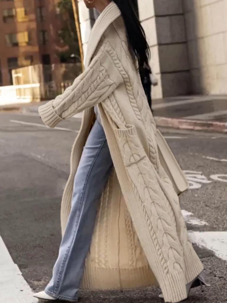 European and American Chunky Cable Knit Long Cardigan with Big Lapel for Spring, Autumn, and Winter