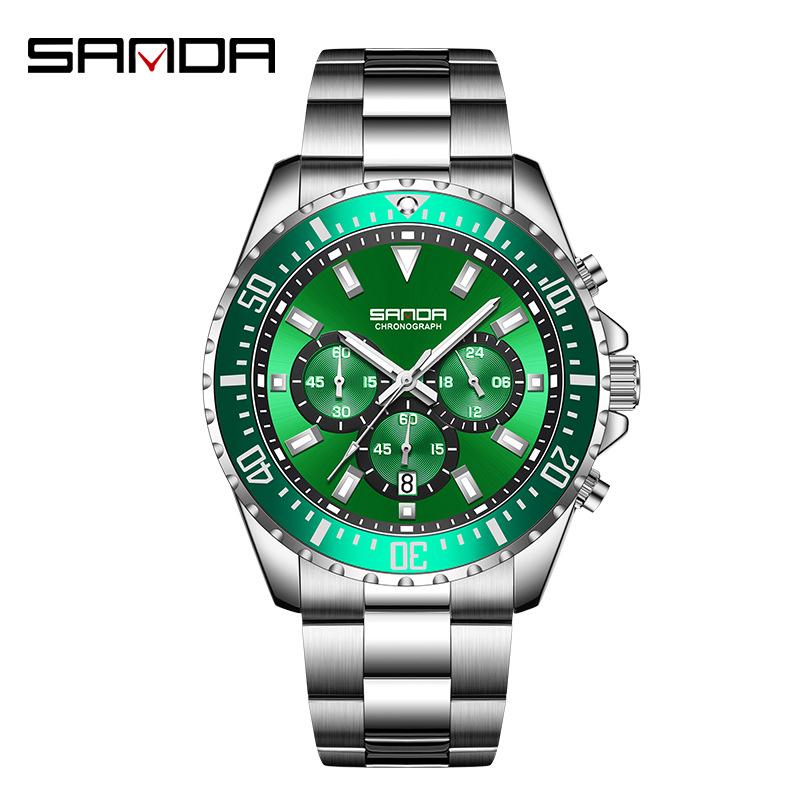 SANDA Men s Quartz Watch, Three-Dial, Six-Hand Fashion, Steel Band, Waterproof, Business Style