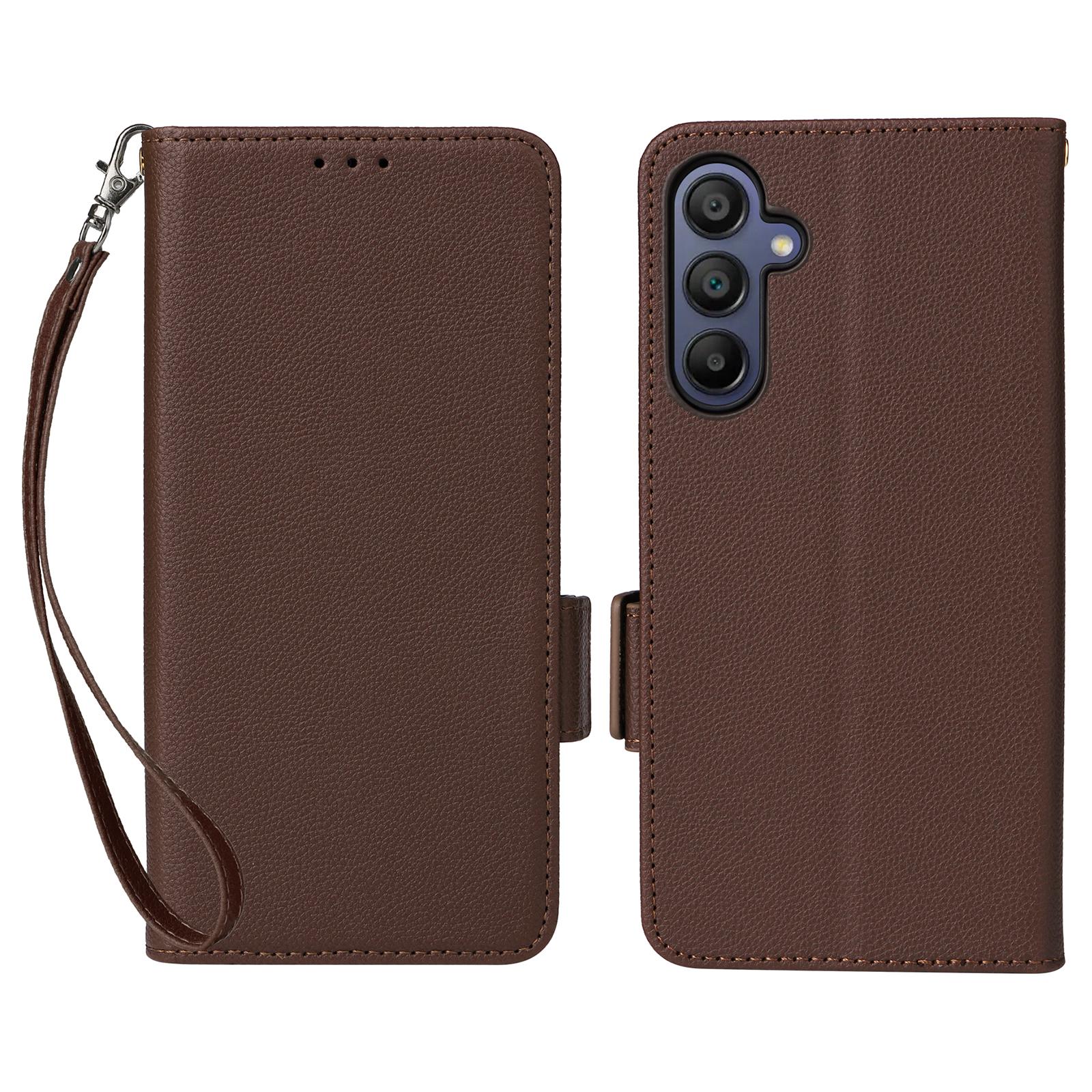

For Samsung Galaxy A26 5G Case with Wrist Strap Litchi Texture PU Leather Wallet Phone Cover Brown