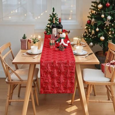 Plush Embroidered Christmas Tree Table Runner Embossed Design Long Christmas Table Cover Rectangular Dining Tablecloth New Year