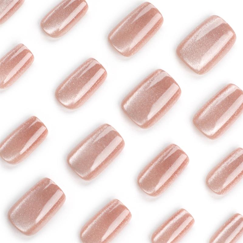 Medium Short False Nails Full Cover Stick on Nails Cat Eye Press on Nails Women