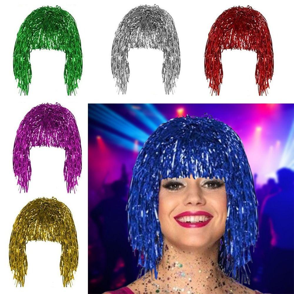 New Metal Party Wigs Hair Shiny Costume Aluminum Foil Cosplay Dance Hairpiece Plastic Decor Wigs Hair
