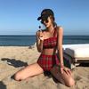 Retro Red Check Triangle Swimsuit - High Waist, Tummy Control, Small Chest Support.