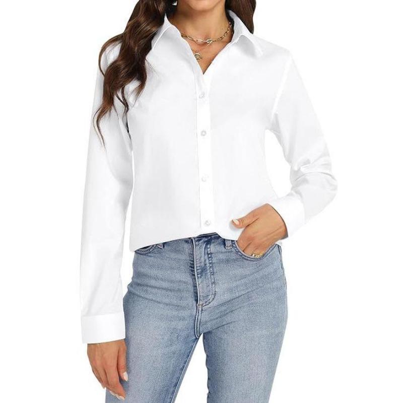 Women's Mid-Length White Polo Collar Casual Long-Sleeved Shirt