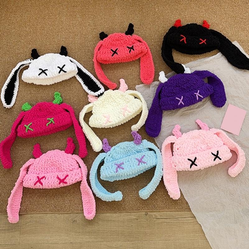 Handmade Crochet Cap with Devil Horn Long Ears Stretchy Pullover Hat Winter Warmth Hat Halloween Cosplay Head Accessory