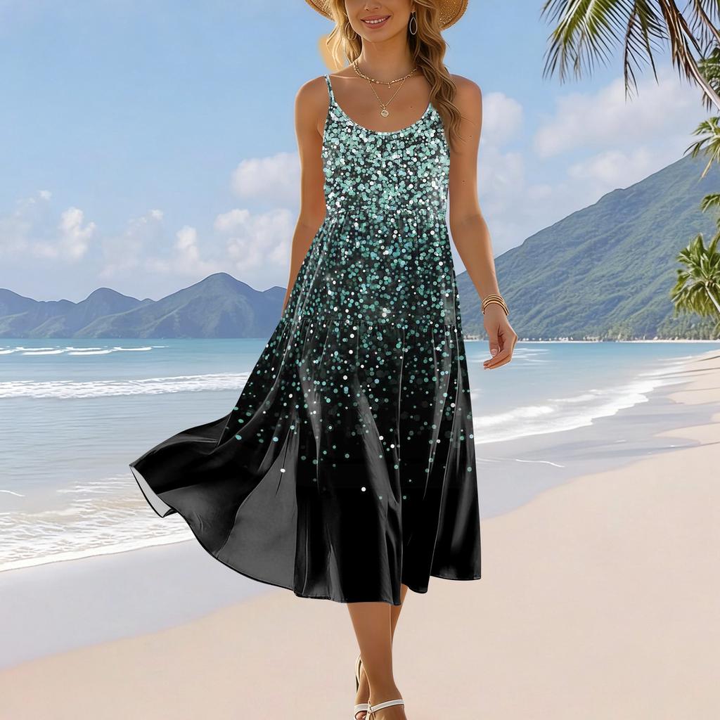 Women's Summer Fashion Printed Pocket Adjustable Shoulder Strap Bohemian Leisure Beach Resort Strap Dress