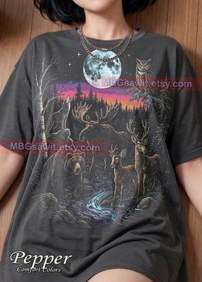 Bear Moose Deer Wolf Owl Full Moon Comfort Colors® Tshirt, Wildlife Nature Forest Wilderness Vintage Night Sky Y2K Bootleg Tee