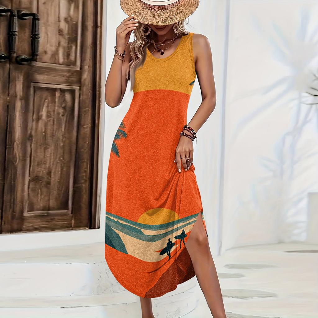 Women Sleeveless Casual Loose Fit Long Dress Tropical Floral Print Summer Beach Maxi Dress with Side Slit
