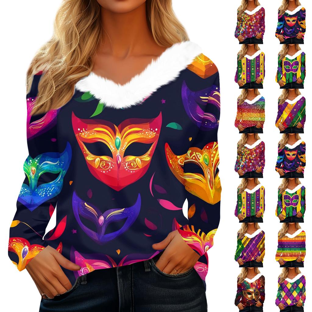 Dámský volný ležérní top s dlouhým rukávem a potiskem, plyšový límec ve tvaru V, top s dlouhým rukávem