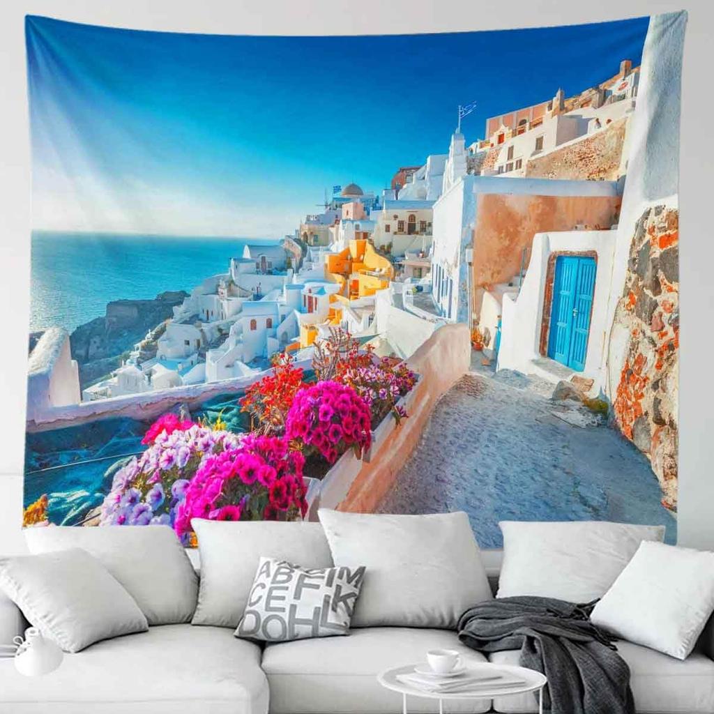 Santorini Griechenland Wandteppich Wandbehang Ägäis Meereslandschaft Wandteppich Weiße Architektur Blume Mittelmeer Kinder Studenten Schlafzimmer