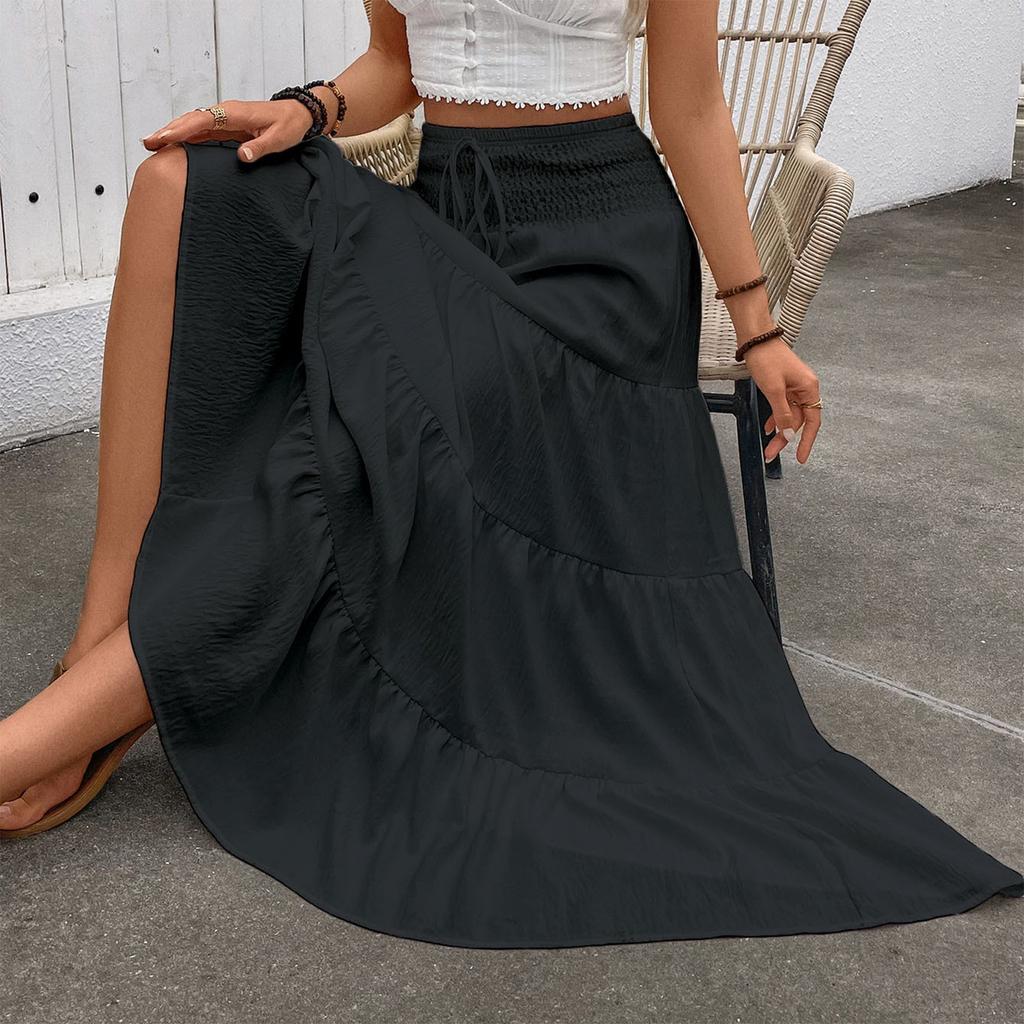 Women's Fashionable Solid Color Lace Elastic High Waist Bohemian Style Casual A-line Skirt
