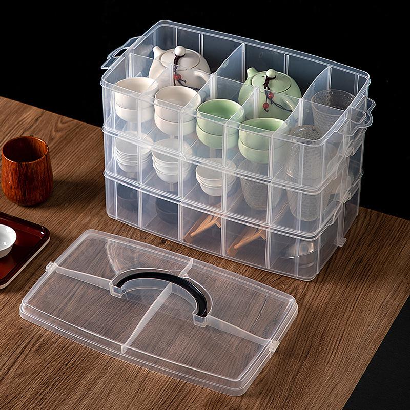 Stackable Multi-Layer Tea Set Storage Box with Handle - Dustproof and Portable for Cups and Coffee Table