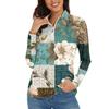 Women's Casual Fashion Retro Floral Print Long Sleeve Zipper Neck Top T-shirt