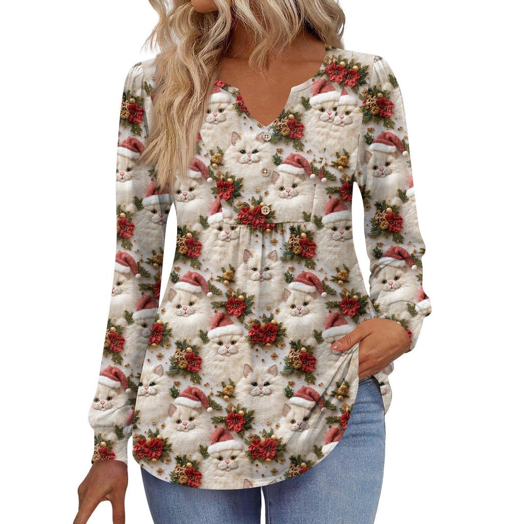 Women's Fashionable Casual V-neck Blouse Button Christmas Printed Long-sleeved Pullover T-shirt Top
