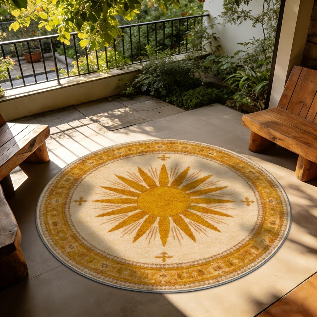 Vintage Tribal Floral Circular Mat Bold Yellow Red Geometric Ethnic Pattern Printed Round Rug for Living Room Home Decor