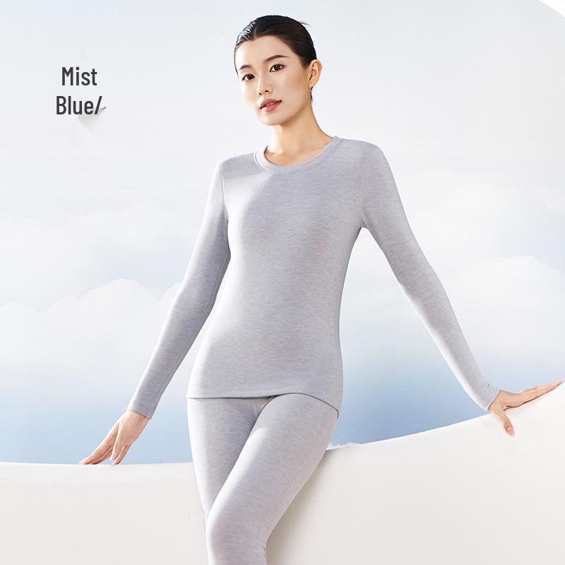 Cashmere Silk Round Neck Edged Antibacterial Fleece-Lined Women's Autumn Undershirt & Pants Set - Warm & Skin-Beautifying.