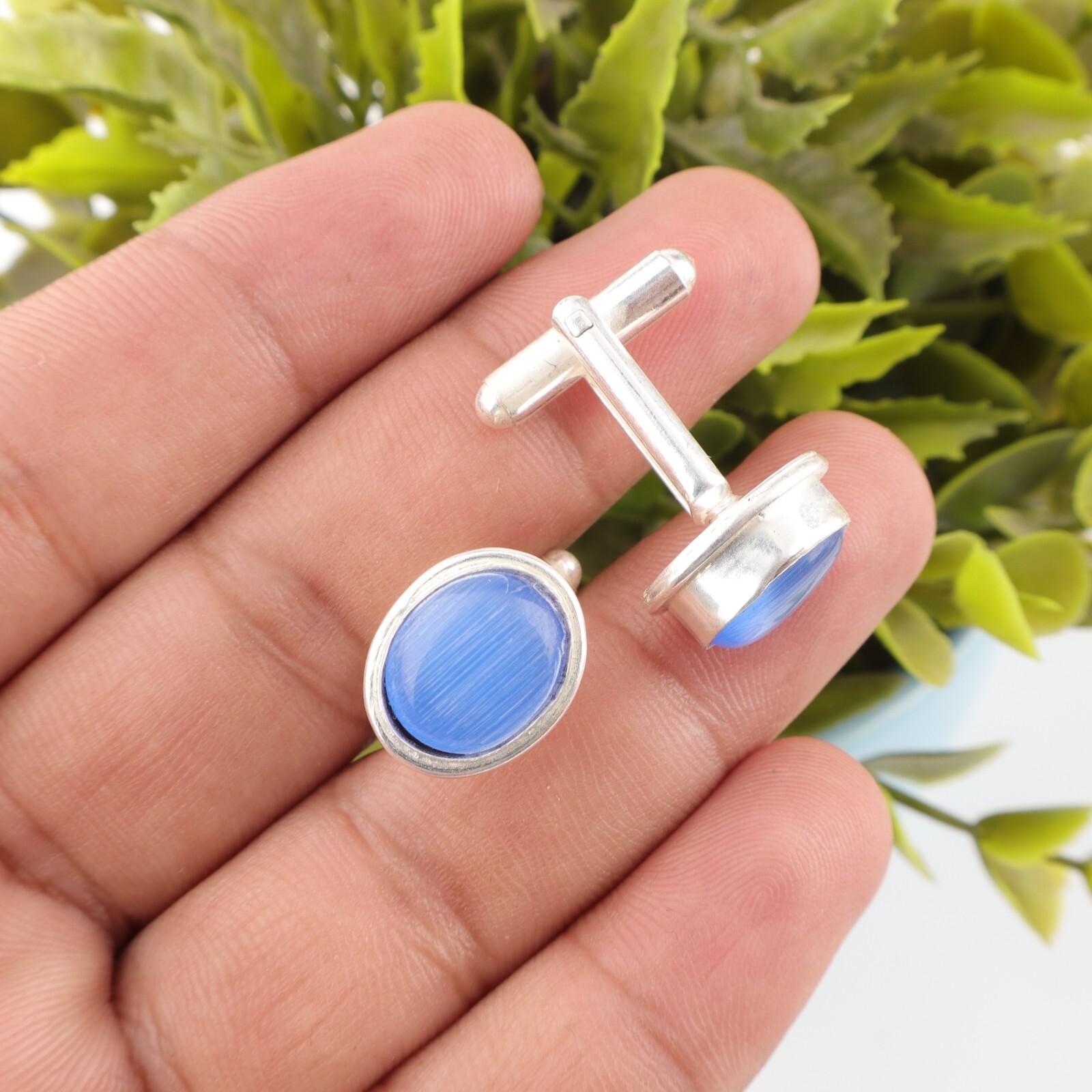 

Темно-синий камень кошачий глаз, серебро 925 пробы, ручная работа, мужские запонки 0,59 CL-2-25