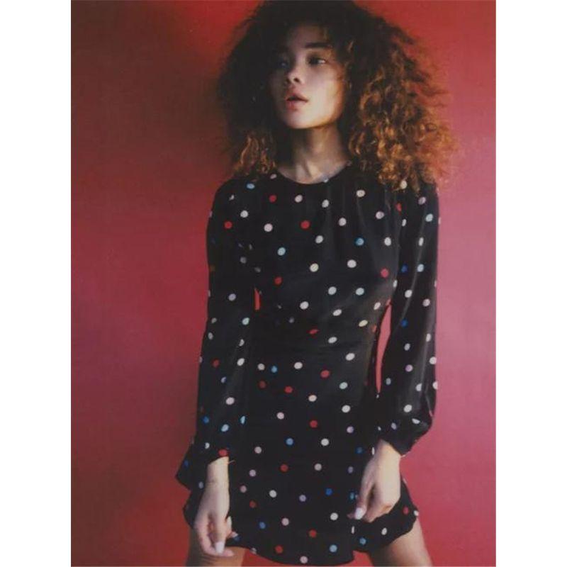

Spring and Summer Color Polka Dot Chiffon Print Puff Sleeves Long Sleeves Mini Slim Fit Waist-Controlled Slimming Mid Length Long Length Dress Color wave point Long sleeves Dress L