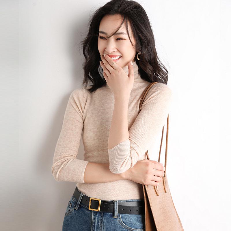 Women's Slim Fit High Neck Wool Sweater - Lightweight, Sheer Base Layer for Spring and Autumn