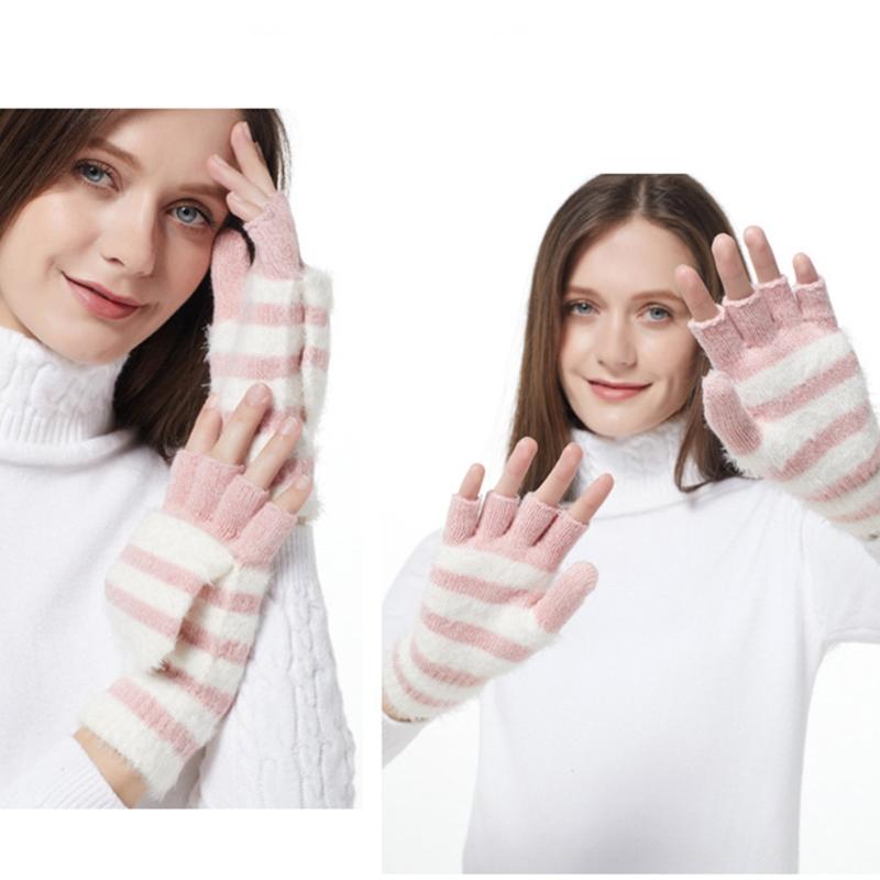 Soft Warm Gloves Winter Knitted Gloves Soft Cartoon Striped Fingerless Gloves with Flip Top Warm Glove Stretchy Mitten