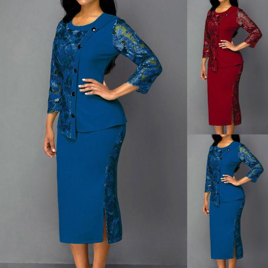 Women Lace Hollow Out Long Sleeve Blouse Top Split Bodycon Skirt Office