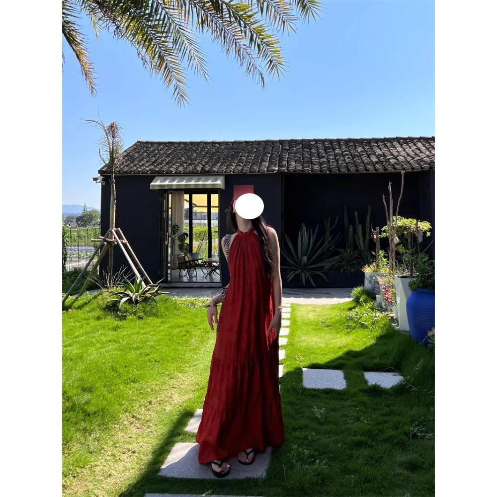 

Sichuan West Desert Travel Wear Red Neck Dress Women s Summer Vacation Style Loose Sleeveless Long Skirt XL- (recommended 110-60kg)