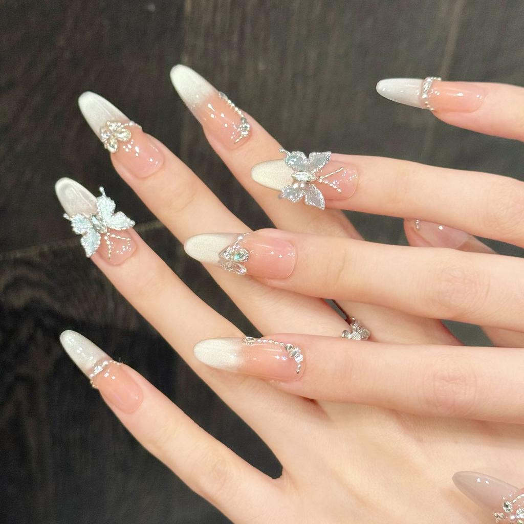 10Pcs 3D Butterfly Rhinestone Nude Pink Handmade Reusable Full Cover Press On False Nails Set