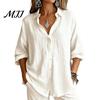 Solid Color Blouses Women Casual Button Front Shirt, Long Sleeve Turndown Collar Blouse, Work Shirts Drop Shoulder Fall Top for Daily Wear