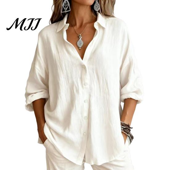 Solid Color Blouses Women Casual Button Front Shirt, Long Sleeve Turndown Collar Blouse, Work Shirts Drop Shoulder Fall Top for Daily Wear
