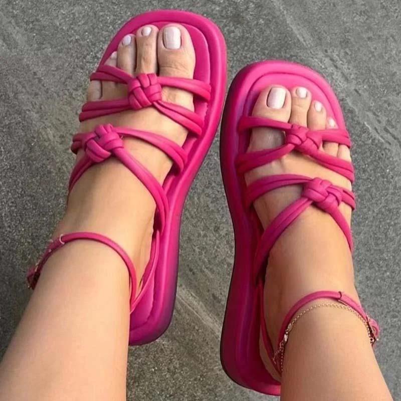 Women Sandals Bohemian Style One Line Buckle Summer Sandals Flat Heels Shoes For Women Platform Weaving Beach Sandals Footwear
