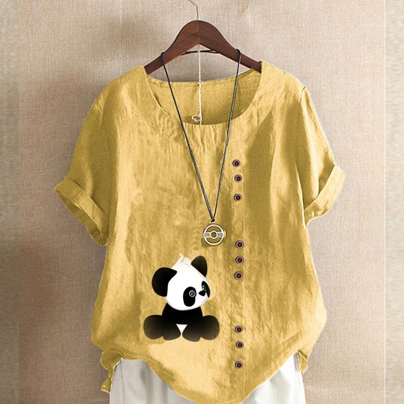 Women's Fashion Round Neck Short Sleeve T-shirt Casual Cotton Linen Graphic Shirt Panda Prined Summer Blouse Tops