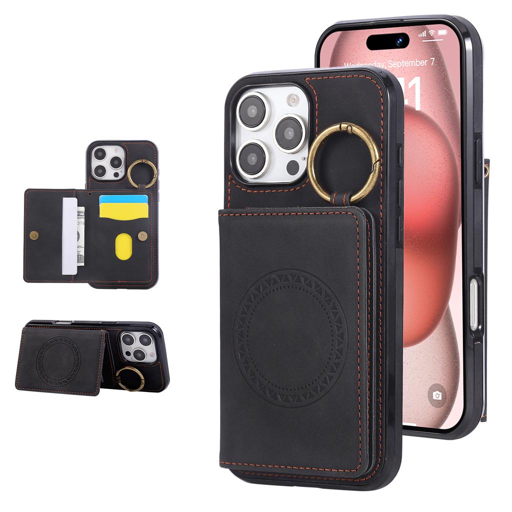 For iPhone 16 Pro Max Case Card Holder Kickstand Leather + TPU Phone Cover with Ring Holder