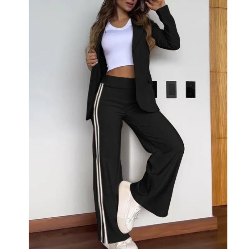 

Autumn Elegant Office Women Blazers Suit Fashion Lapel No Buckle Blazer Striped Side Split Straight Trousers Two Piece Set XXXL чорний