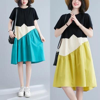Large Size Dress Women's New Loose Splicing A-shaped Skirt Summer Belly Cover Short Sleeve Medium and Long Fashion Top