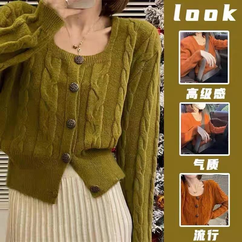 French small fragrant style square neck twist sweater cardigan women's style short waist and thin top knitted sweater
