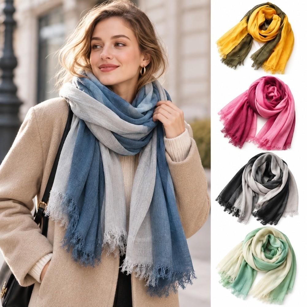 Lightweight Gradient Color Scarf Unisex Fringe Shawl Wrap Cotton Linen Scarf  For Women Ladies