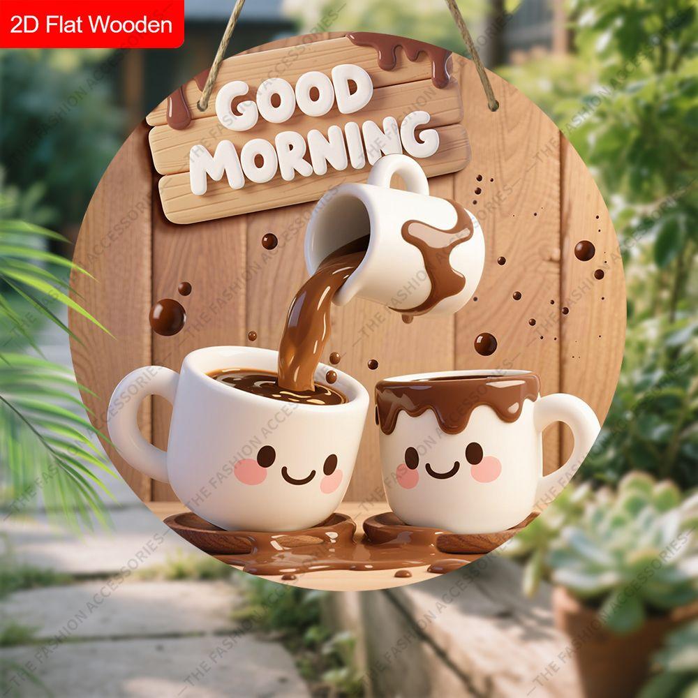 2D Plane Hanging Decorative Signs, Interior Wall or Door Decoration, Garden Decoration, ”GOOD MORNING" Logo, Coffee Pattern