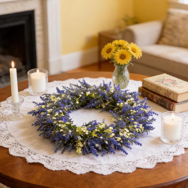 Simulated Lavender & Spring Grass Door Wreath - Home & Window Decoration with Faux Flowers