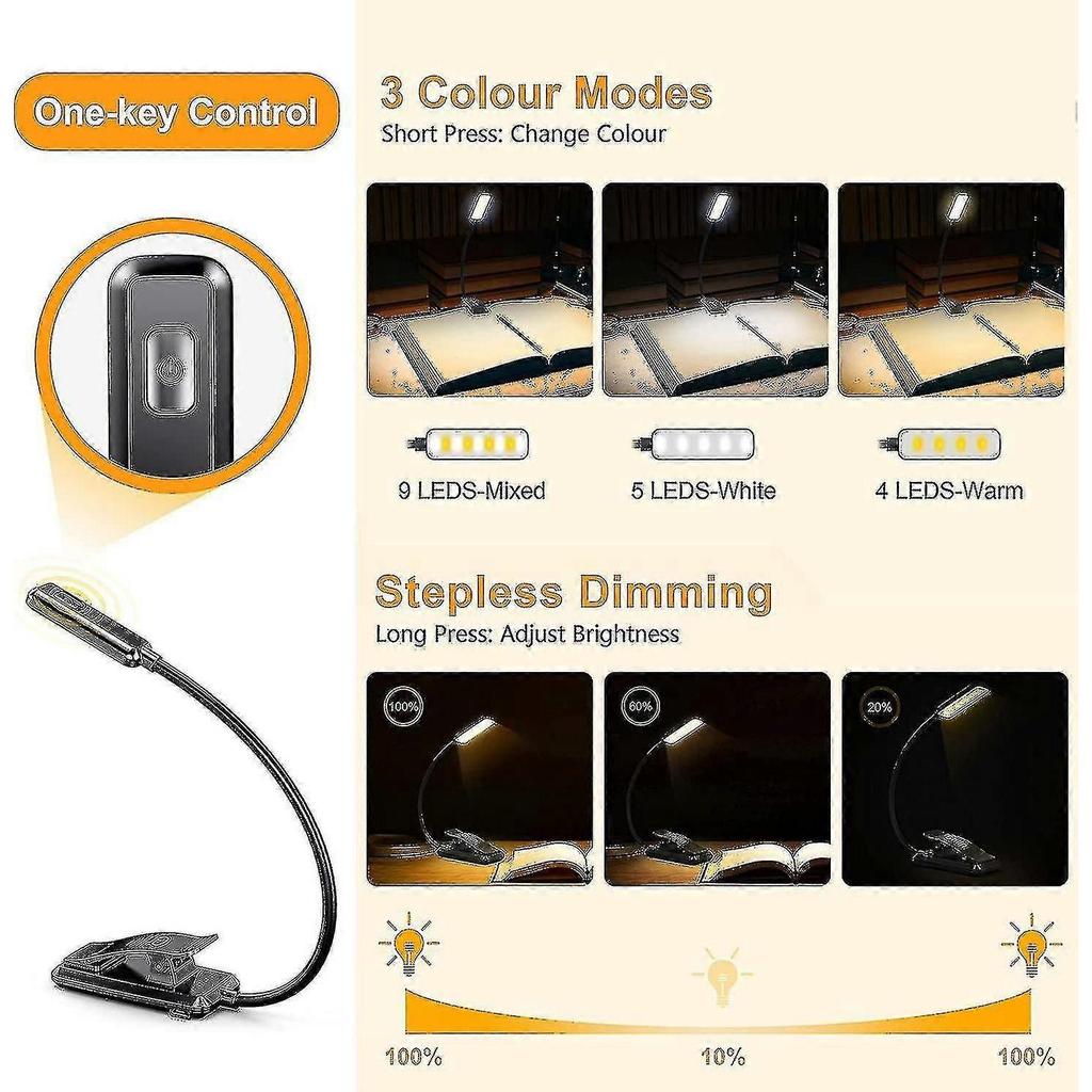 Luce da Lettura a 9 LED, Gritin 3 Modalità di Protezione degli Occhi Lampada da Libro (Luce Bianca Calda&Fredda) -Dimmerazione continua, Ricaricabile, Lunga durata della batteria, 4-