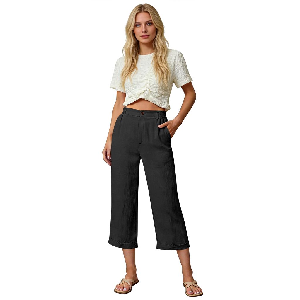 Women’s Wide Leg Cropped Pants High Waist Linen Blend Trousers with Side Pockets Relaxed Fit for Everyday Wear