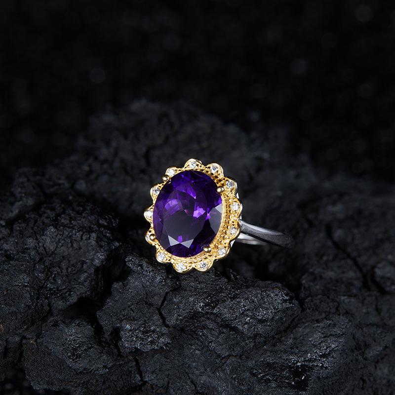 Earrings Color Treasure Ring S925 Sterling Silver Inlaid Natural Amethyst Ring Female Flower Design