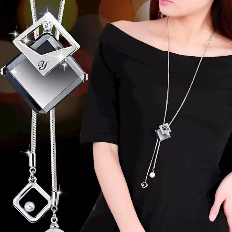 Snowflake Zircon Long Chain for Women Fashion Silver Color Crystal Maxi Necklaces & Pendants Statement Collier Jewelry