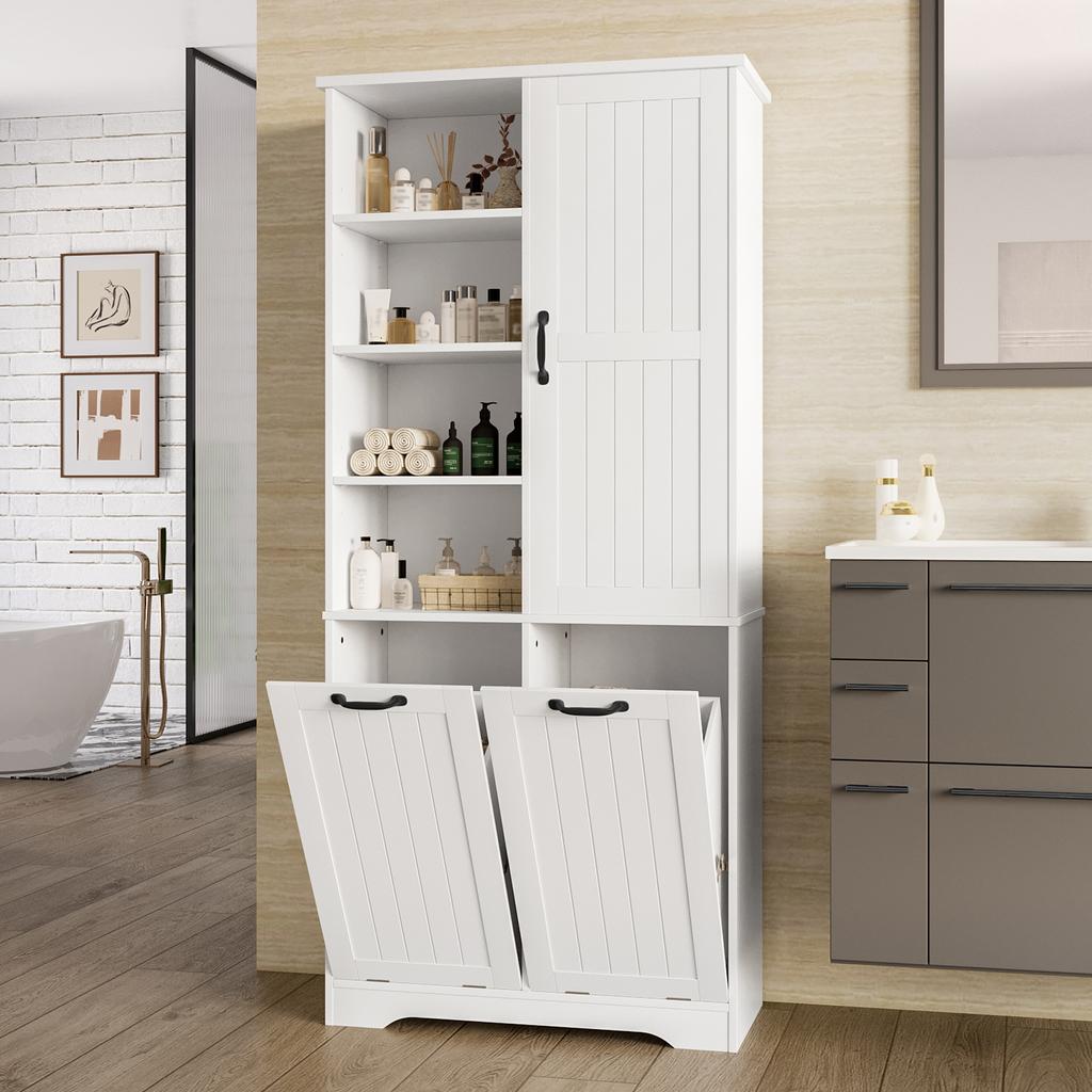 78 x 35 x 172 cm Bathroom Cabinet, Moisture-Resistant Paint, Double Laundry Basket, Four Open Compartments, One Door, Adjustable Shelves, White