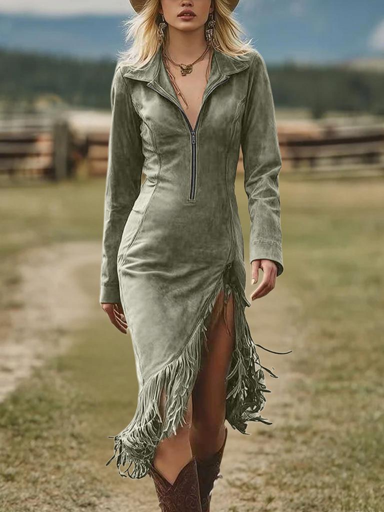 Bohemian Western Cowboy Style Faux Suede Fringe Slim Fit Long Sleeve Dress