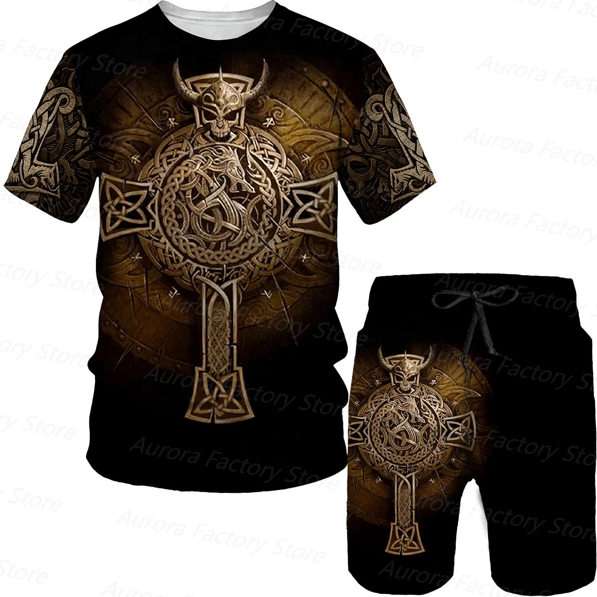 

Летний мужской спортивный костюм, футболка с рисунком викингов + шорты, комплект, повседневная одежда, спортивный спортивный костюм, одежда больших размеров, мужская уличная одежда 6XL