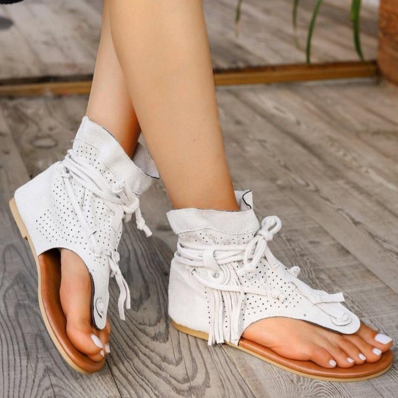 Women's Sandals European American Retro Flat Bottom Tassel Hollow Toe Womens Sandals Fashion High-top Cool Boots Sandalias Mujer