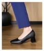 2025 Women's Black Soft Leather Square Toe Chunky Heel Formal Work Heels for Professional Attire