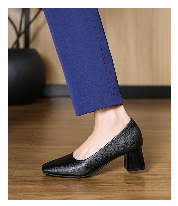 2025 Women's Black Soft Leather Square Toe Chunky Heel Formal Work Heels for Professional Attire