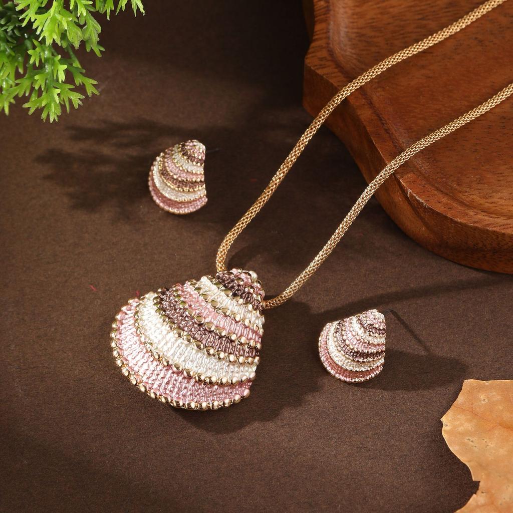 Enamel Color Geometric Shell Stud Earrings Pendant Set, Women's Simple and High-end Shell Necklace